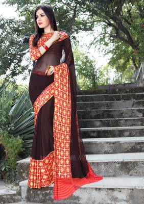 Shaily Brown Printed Satin Saree With Blouse 1