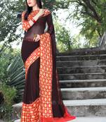 Shaily Brown Printed Satin Saree With Blouse
