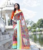 Shaily Multicolor Printed Satin Saree With Blouse