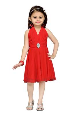 Red Plain Net Kids Frocks 1