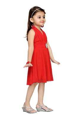 Red Plain Net Kids Frocks 2