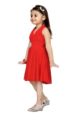Red Plain Net Kids Frocks 3