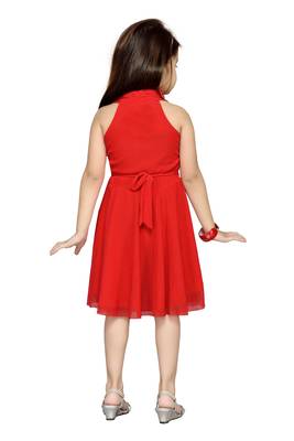 Red Plain Net Kids Frocks 4