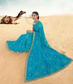 Blue Printed art art silk   Saree With Blouse