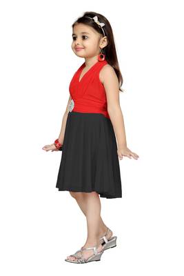 Red Plain Net Kids Frocks 3