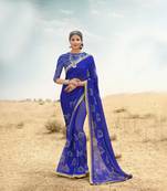 Blue Printed art art silk   Saree With Blouse