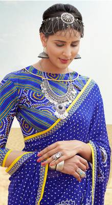 Blue Printed art art silk   Saree With Blouse 2