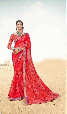 Shaily Red Printed Chiffon Saree With Blouse 1