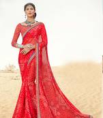 Shaily Red Printed Chiffon Saree With Blouse