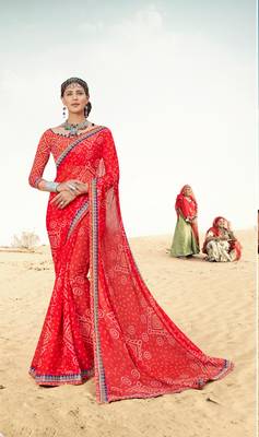 Shaily Red Printed Chiffon Saree With Blouse 3