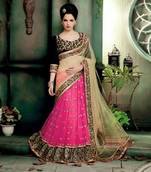 Rani Pink & Beige Zari buttis With resham embroidery Lehenga Style Saree
