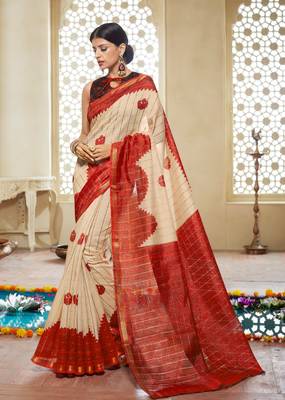Shaily Cream Printed Cotton Silk Saree With Blouse 1