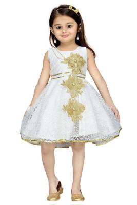 Cream Patch Work Net Kids Frocks 1