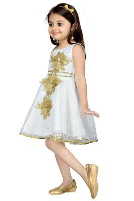 Cream Patch Work Net Kids Frocks 3