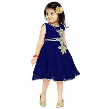 Navy Blue Patch Work Net Kids Frocks 1
