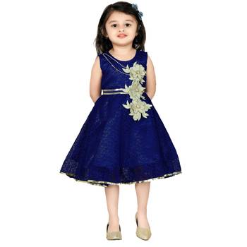 Navy Blue Patch Work Net Kids Frocks 3
