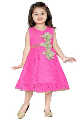 Pink Patch Work Net Kids Frocks 1