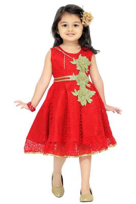 Red Patch Work Net Kids Frocks 1