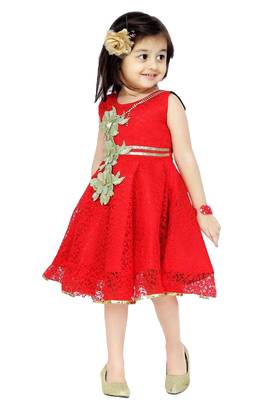 Red Patch Work Net Kids Frocks 2