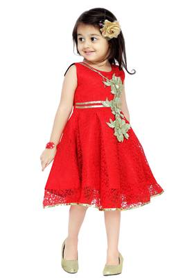 Red Patch Work Net Kids Frocks 3
