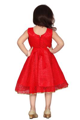 Red Patch Work Net Kids Frocks 4