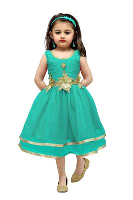 Green Plain Net Kids Frocks 1