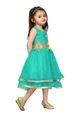 Green Plain Net Kids Frocks 2