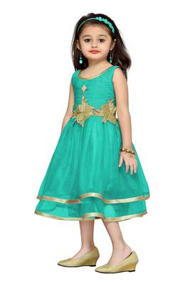 Green Plain Net Kids Frocks 3