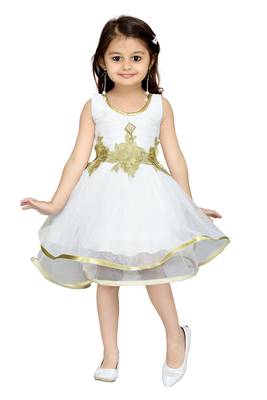 Cream Plain Net Kids Frocks 1