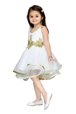 Cream Plain Net Kids Frocks 3