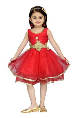 Peach Plain Net Kids Frocks 1