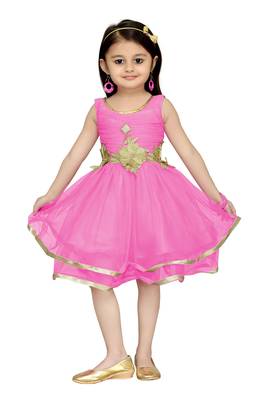 Pink Plain Net Kids Frocks 1