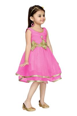 Pink Plain Net Kids Frocks 2