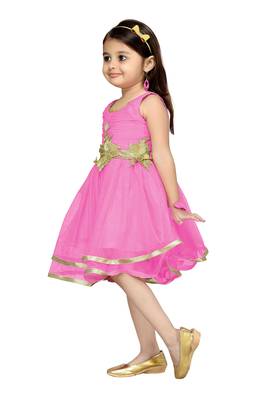 Pink Plain Net Kids Frocks 3