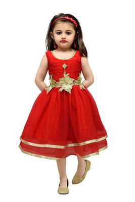 Red Plain Net Kids Frocks 1