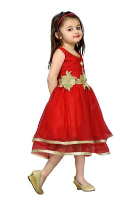 Red Plain Net Kids Frocks 2