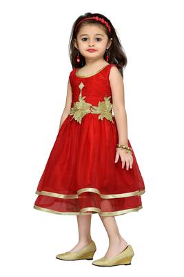 Red Plain Net Kids Frocks 3