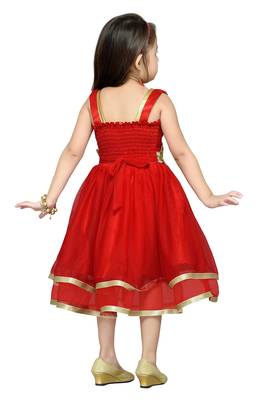 Red Plain Net Kids Frocks 4