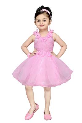 Pink Plain Net Kids Frocks 1