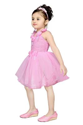 Pink Plain Net Kids Frocks 3