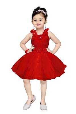 Red Plain Net Kids Frocks 1