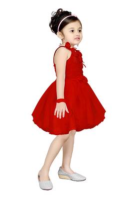 Red Plain Net Kids Frocks 2