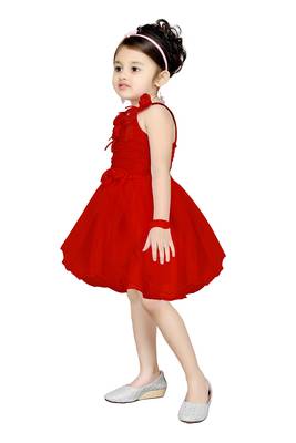 Red Plain Net Kids Frocks 3