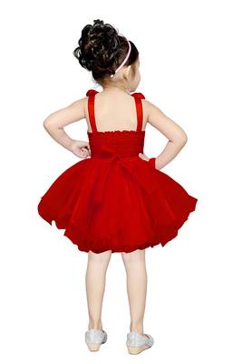 Red Plain Net Kids Frocks 4