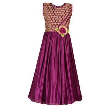 Purple Embroidered Satin Kids Girl Gowns 1