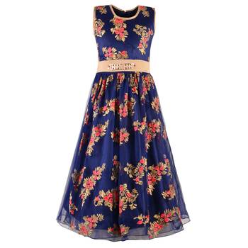 Peach Embroidered Net Kids Girl Gowns 1