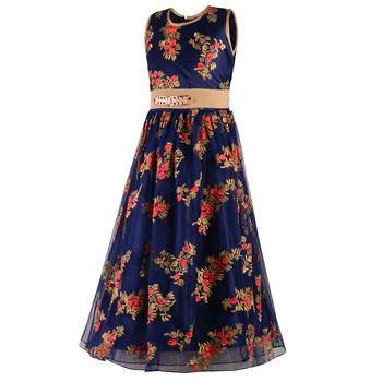 Peach Embroidered Net Kids Girl Gowns 2