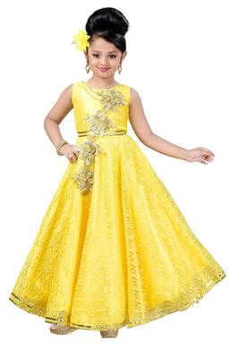 Yellow Patch Work Net Kids Girl Gowns 1