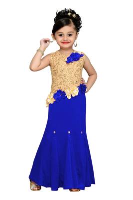 Blue Plain Velvet Kids Girl Gowns 1
