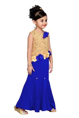 Blue Plain Velvet Kids Girl Gowns 2